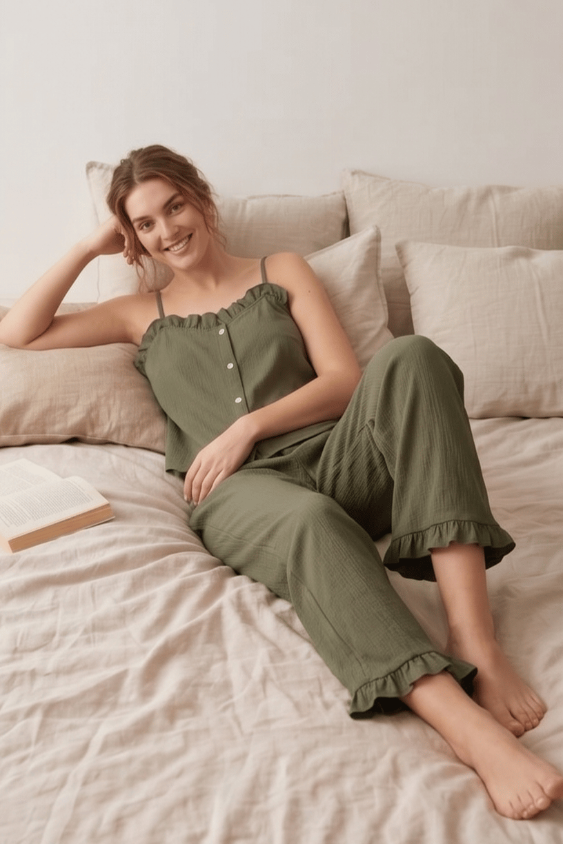  Fırfırlı ve Askılı Yeşil Pijama Takımı