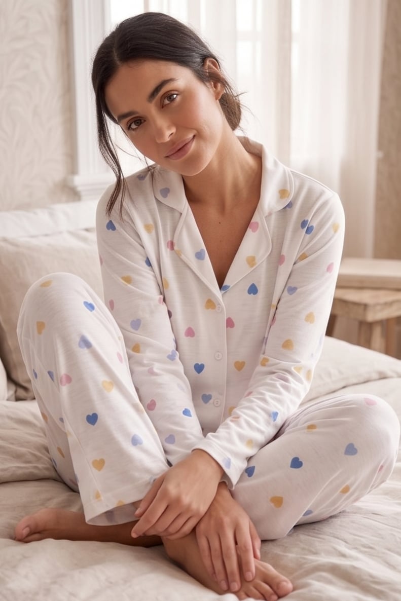 :Renkli Kalp Desenli Beyaz Kısa Kollu Pijama Takımı