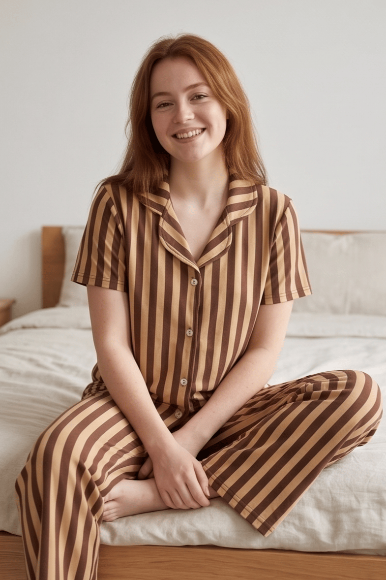 Sütlü Kahve-K.Kahve Çizgili Pijama Takımı, Düğmeli Kısa Kollu Şeritli Pijama Seti