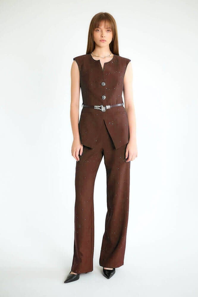 Pullu Modern Işıltılı Yelek Pantolon Takım