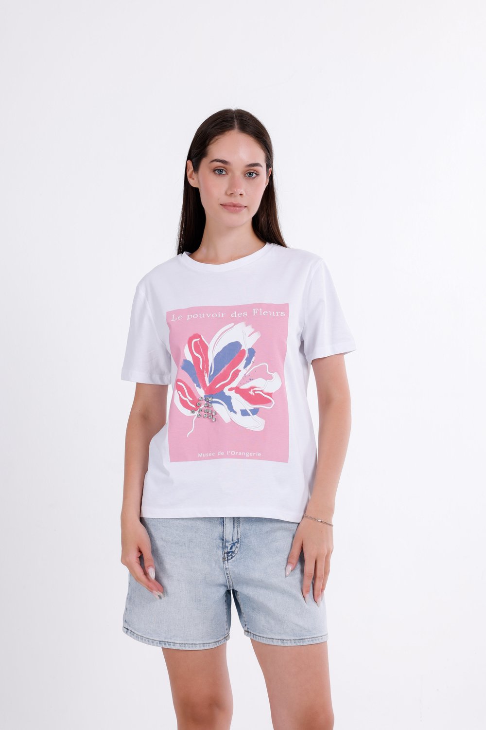 Nakışlı Baskılı Taşlı T-Shirt