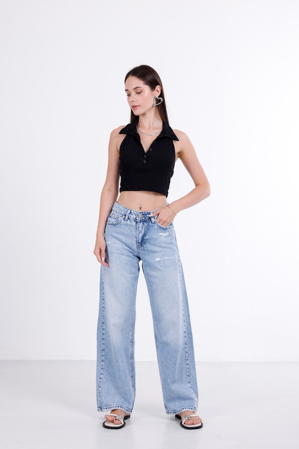 Yırtık Detaylı Wide Leg Jean