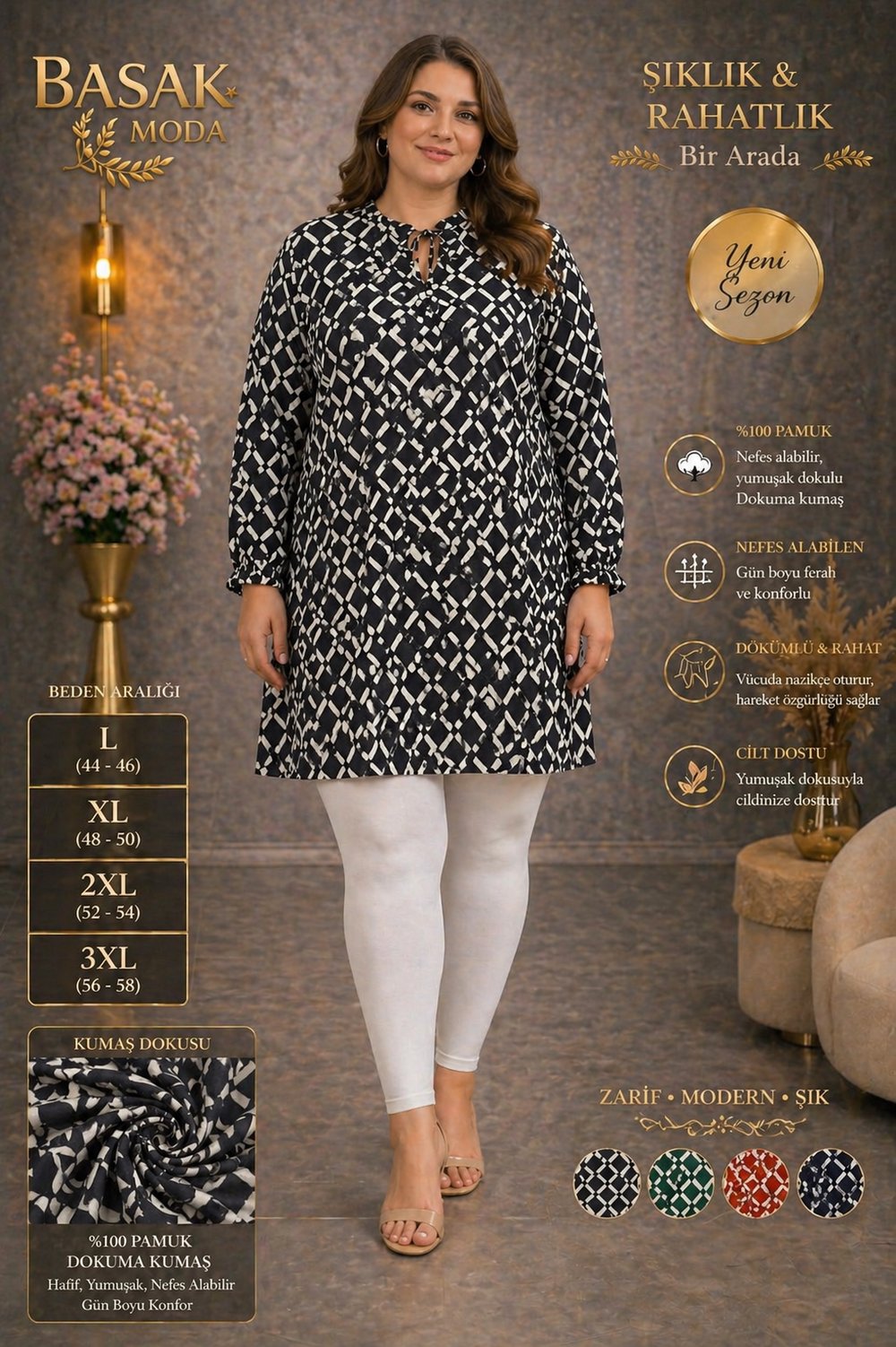 Dokuma Tunik - Siyah | Beyaz Kare Desenli