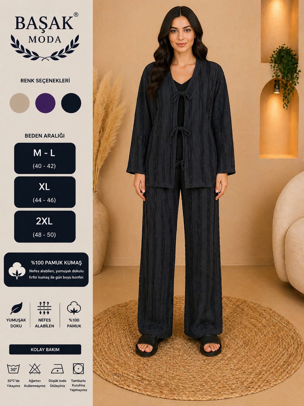 Fırfır Kumaş Kimono İkili Takım - Siyah