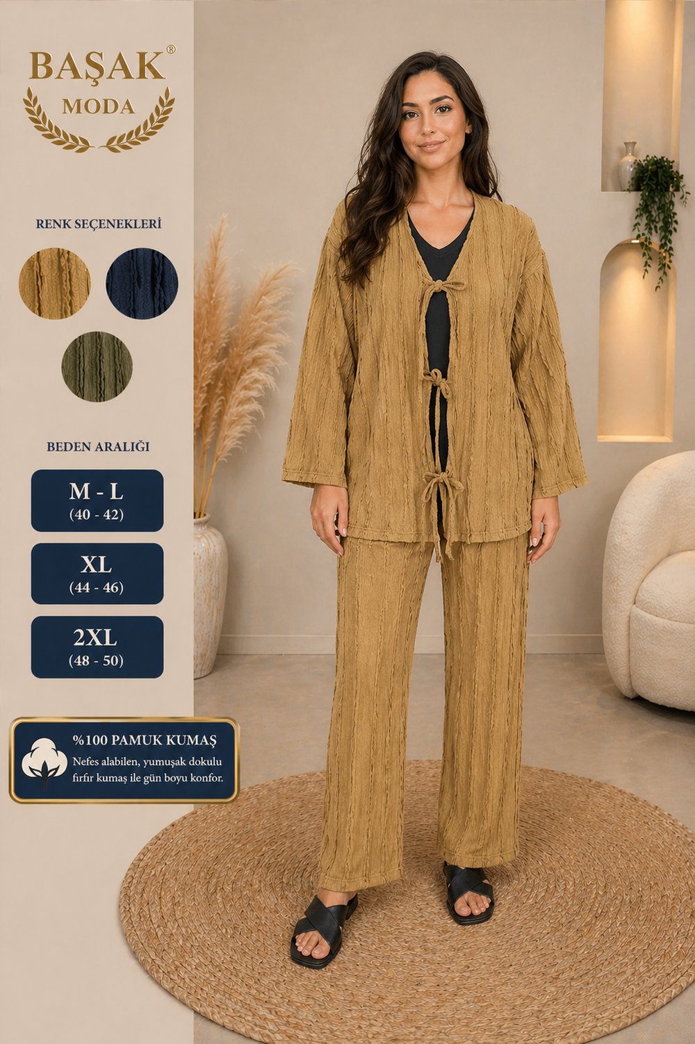 Fırfır Kumaş Kimono İkili Takım - Yağ Yeşili