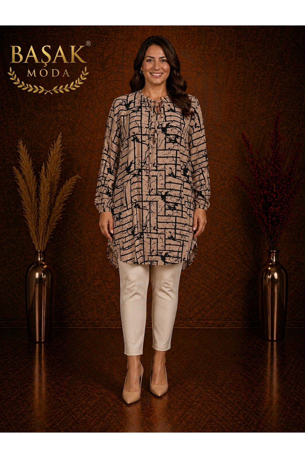 MODA BAŞAK %100 PAMUK DOKUMA DESENLİ TUNİK RAHAT KESİM BÜYÜK BEDEN