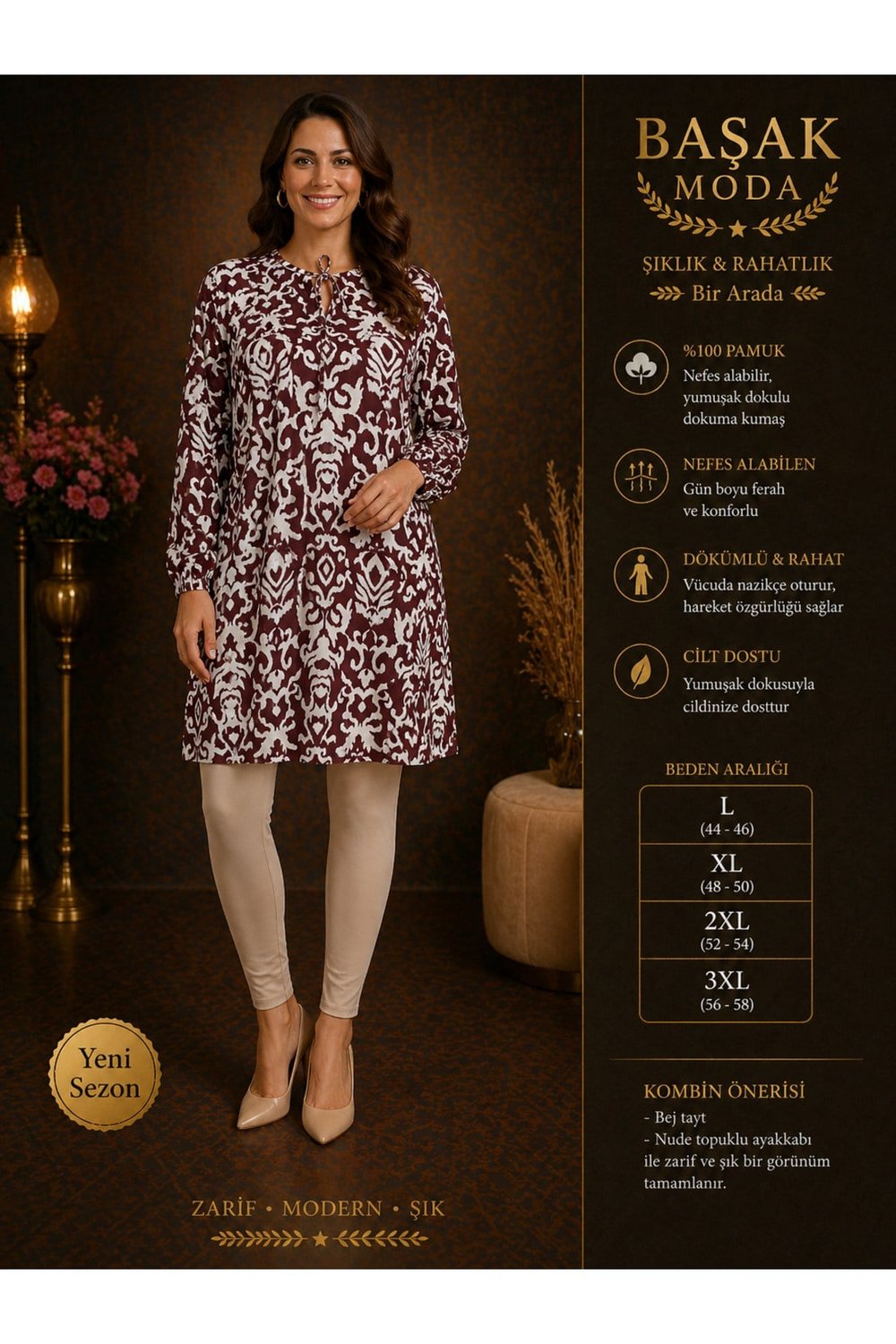 MODA BAŞAK %100 PAMUK DOKUMA DESENLİ TUNİK RAHAT KESİM BÜYÜK BEDEN