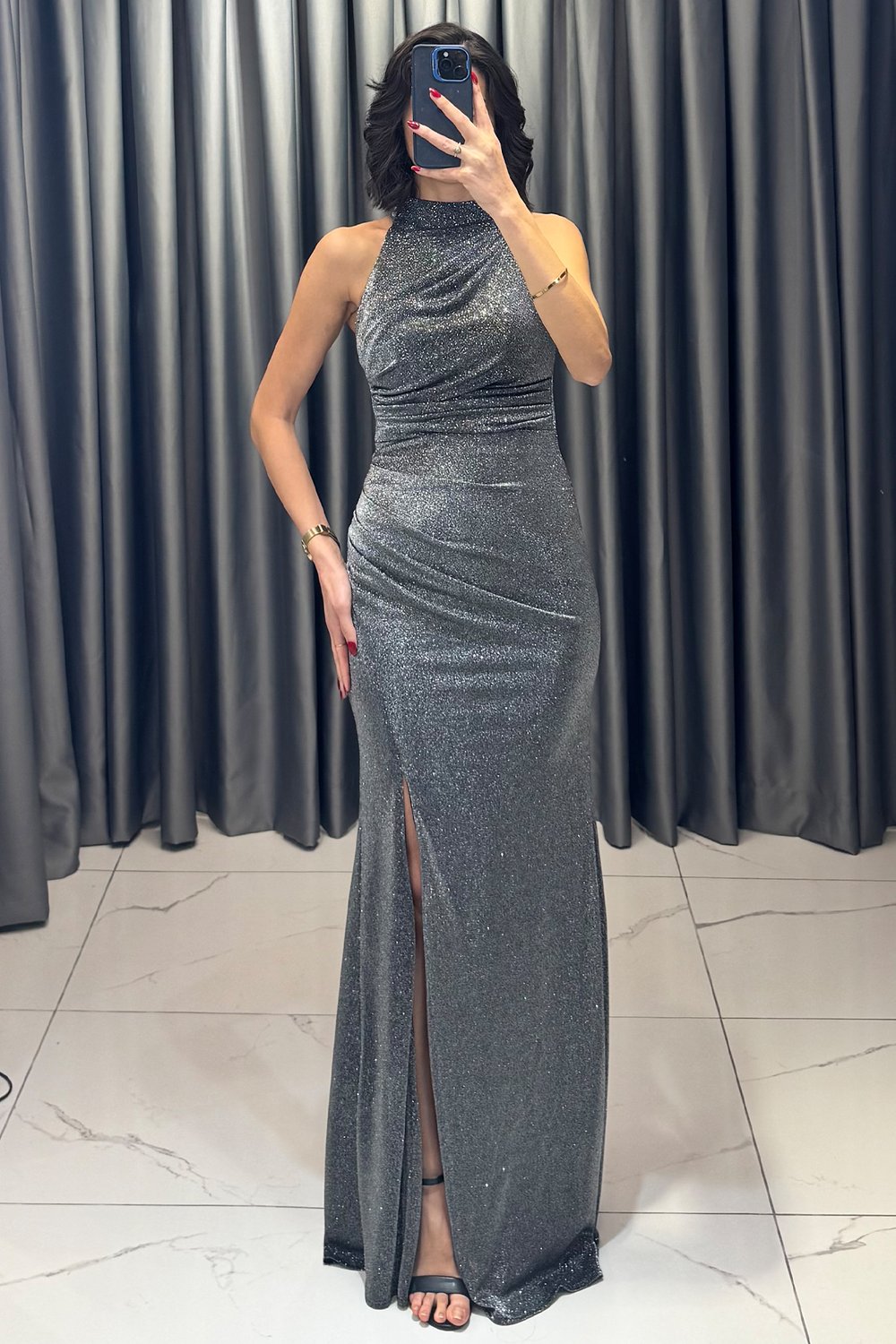Halter Yaka Yırtmaçlı Sim Detaylı Balık Model Abiye Gümüş