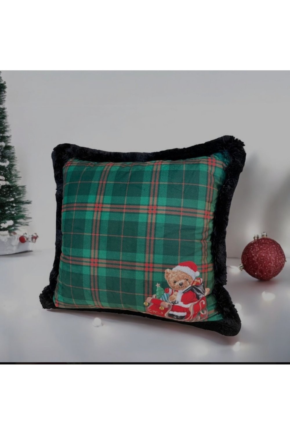 Yeşil Ekoseli Noel Baba Teddy Yastık