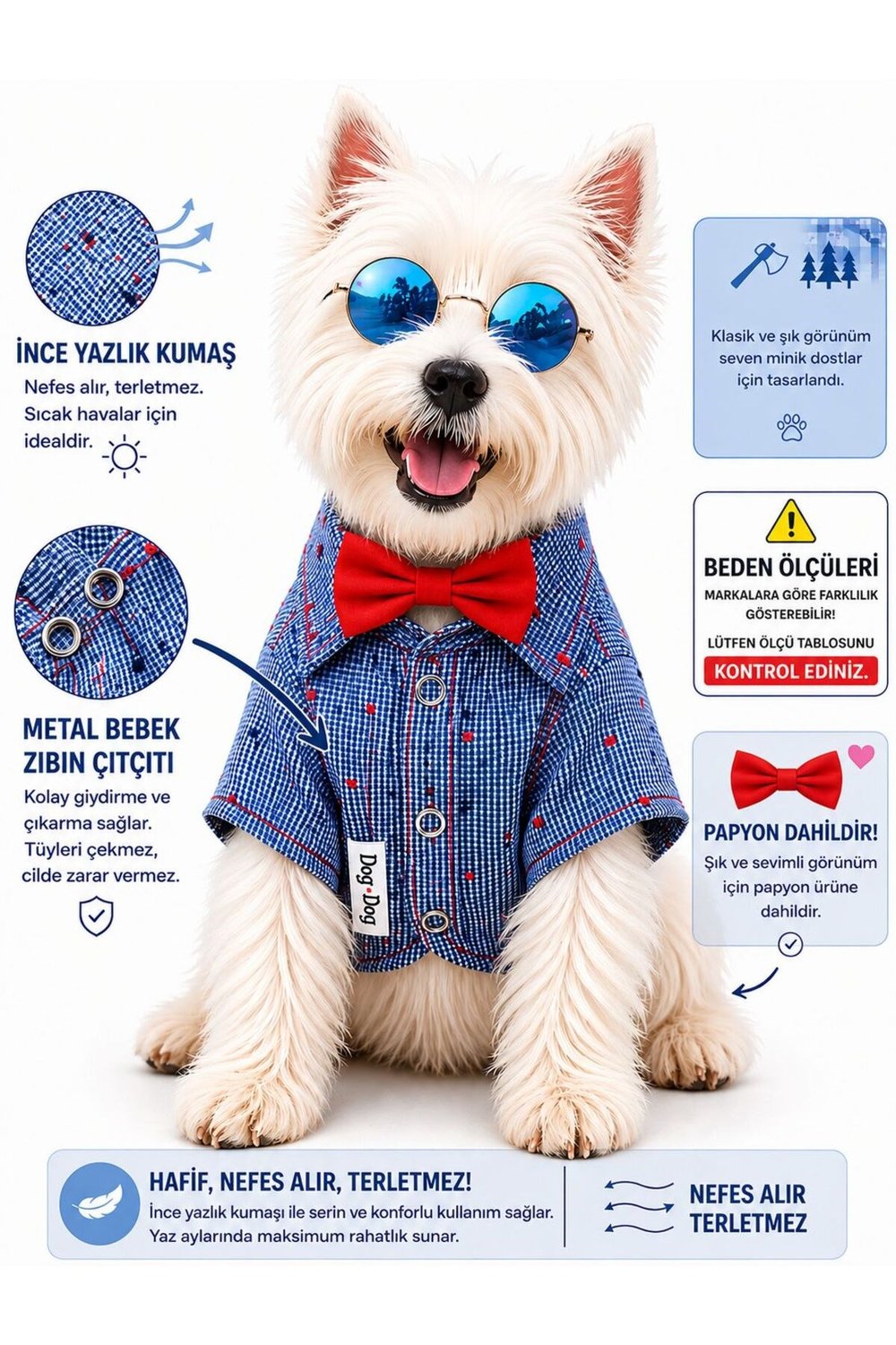 Küçük Irk Papyonlu Yazlık Mavi Ekose Köpek Gömleği Kedi Gömleği Köpek Kıyafeti (1-10KG)