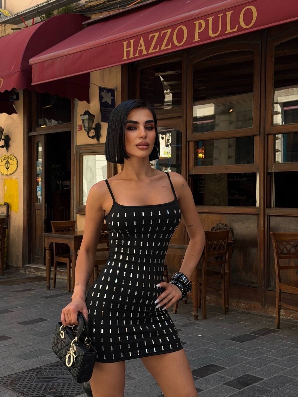 Baget Taşlı Askılı Mini Elbise