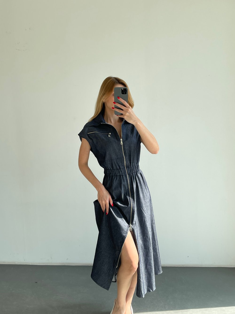 Denim Fermuarlı Gömlek Yaka Belden Büzgülü Elbise