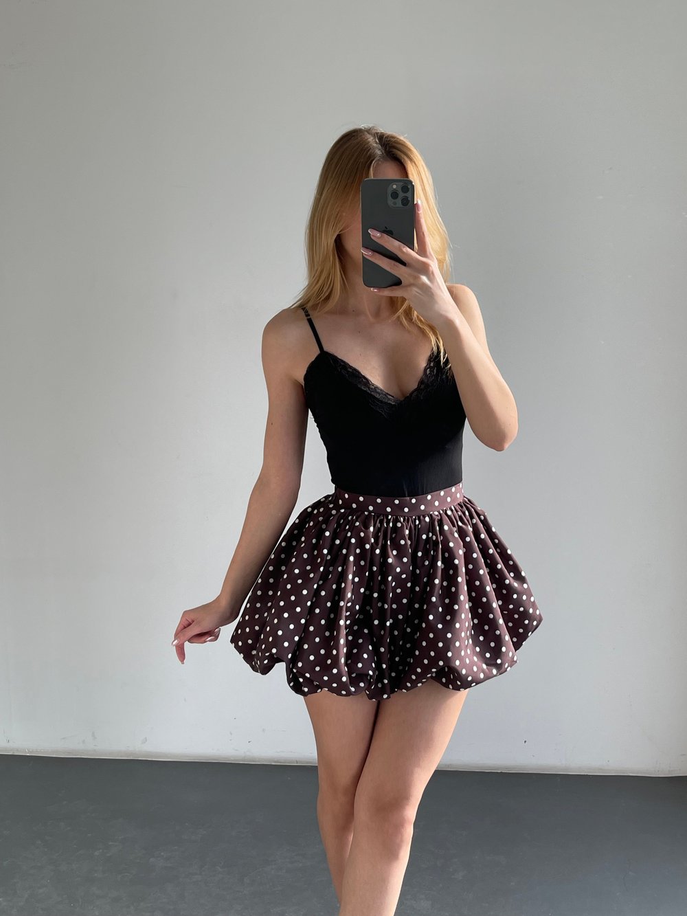 Kahve Puantiyeli İçi Şortlu Balon Etek