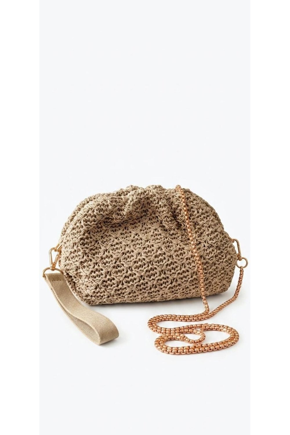 Bej Örgü Portföy Çanta - Gold Zincir Askılı ve Bilek Saplı Clutch El Çantası