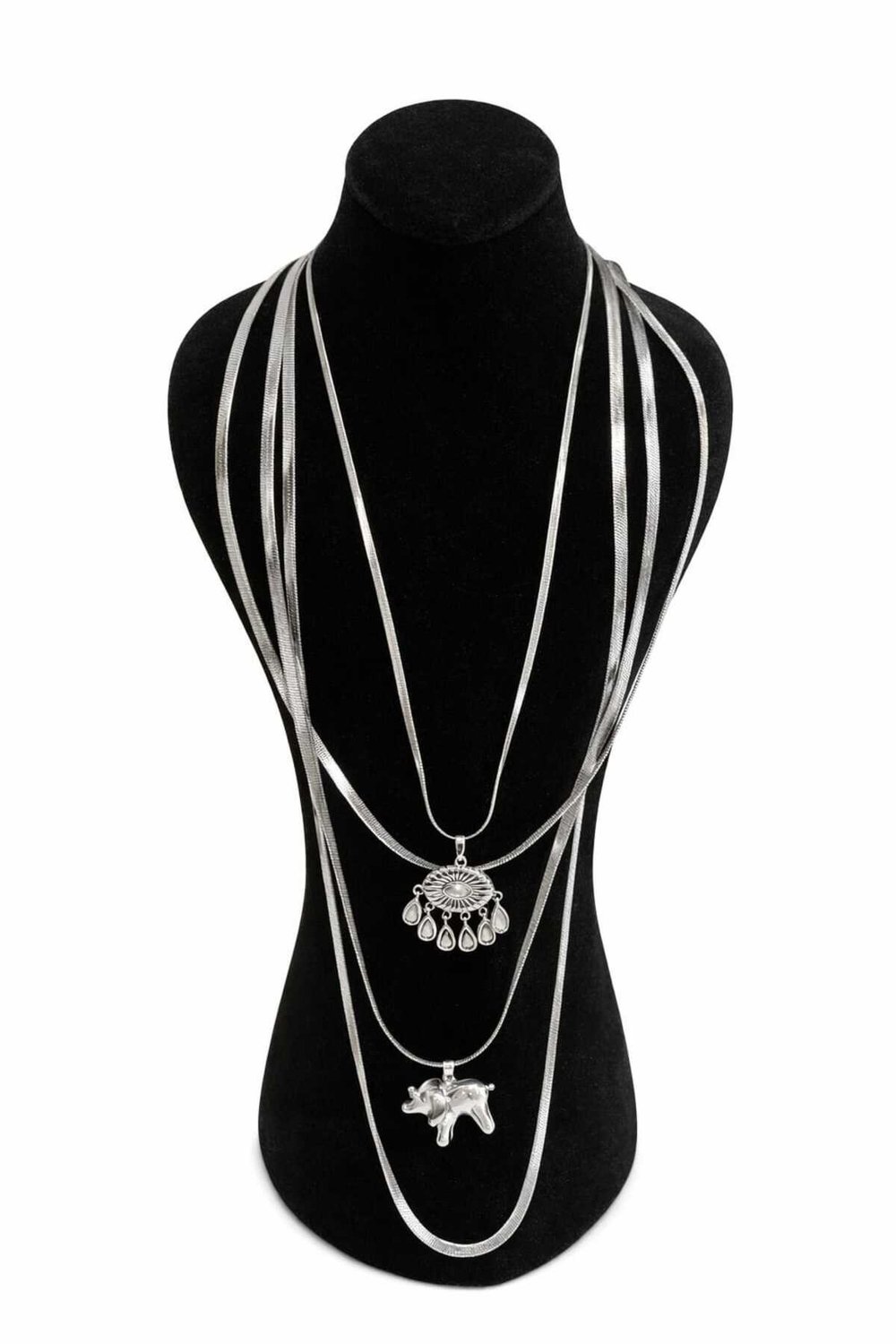 Çelik Fil ve Damla Detaylı Göz Figürlü 4'lü Kombin Kolye Seti Gümüş Renk