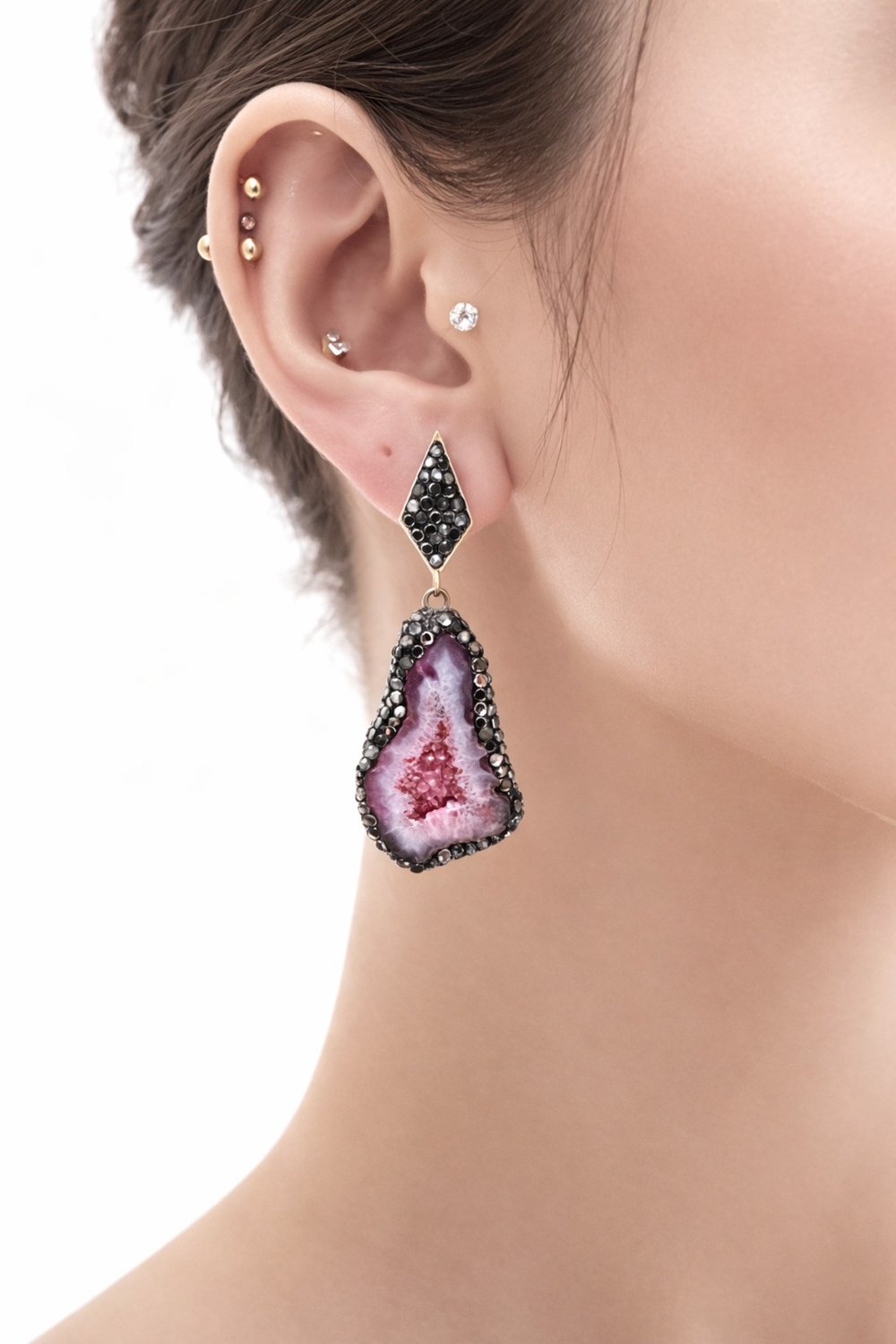 Doğal Pembe Druzy Kuvars ve Oniks Taşlı Bohem Tasarım Küpe