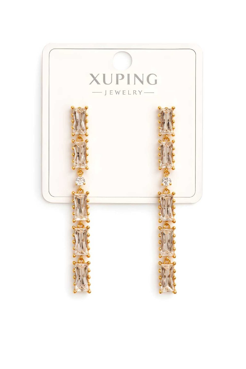 Rose Gold Çelik Baget Taşlı Uzun Zincir Tasarım Sallantılı Kadın Küpe