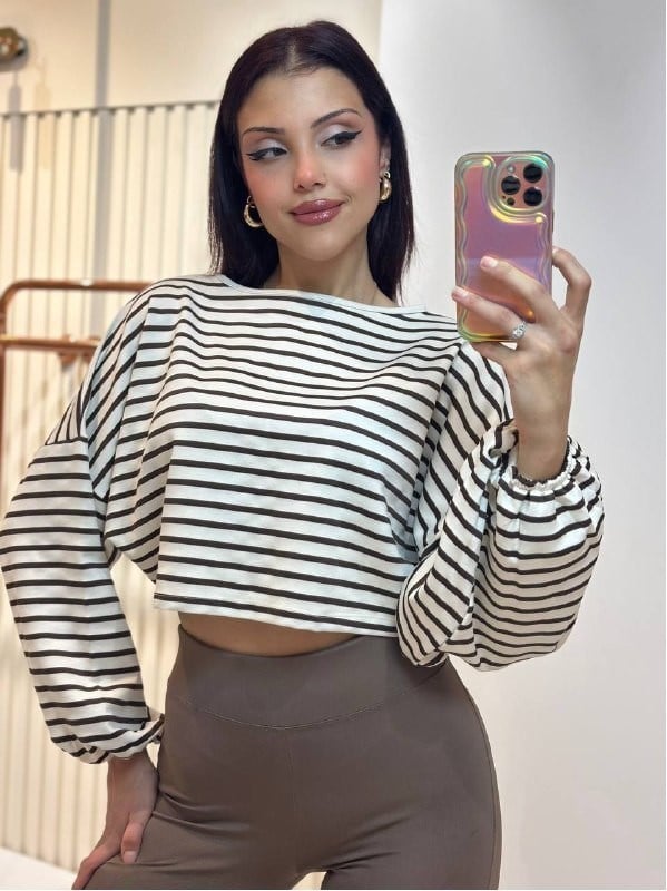ÇİZGİLİ YARASA MODAL BLUZ KAHVE