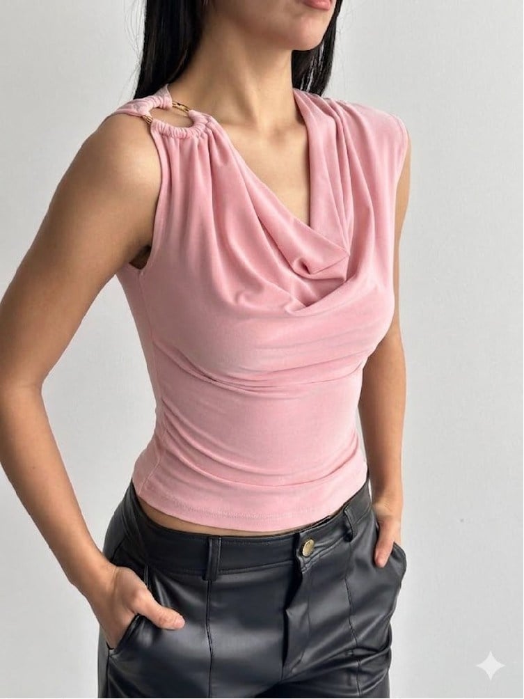 SIFIR KOL TOKALI DGJ YAKA BLUZ PEMBE