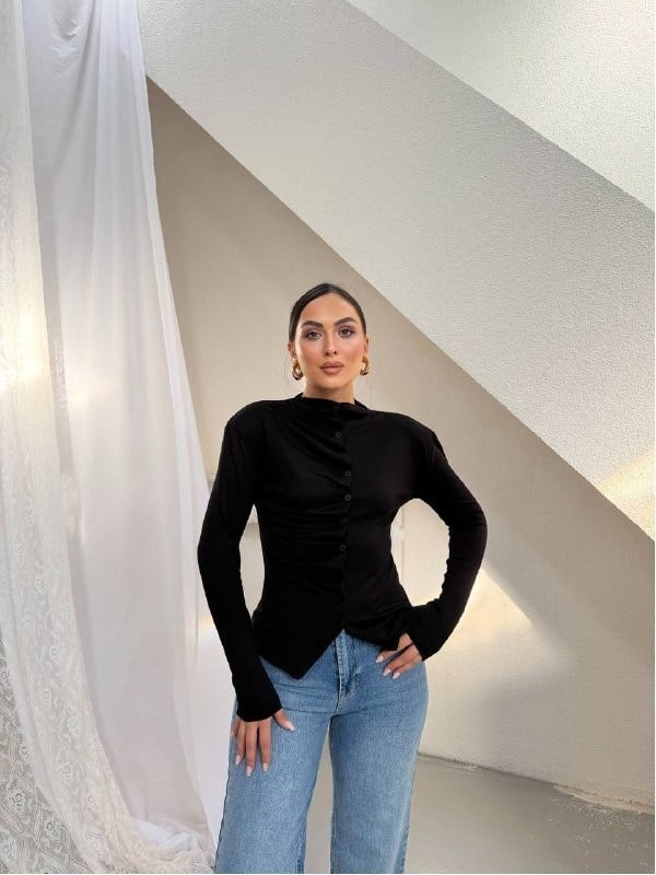 MODAL ÖNÜ DÜĞME DTY BLUZ SİYAH
