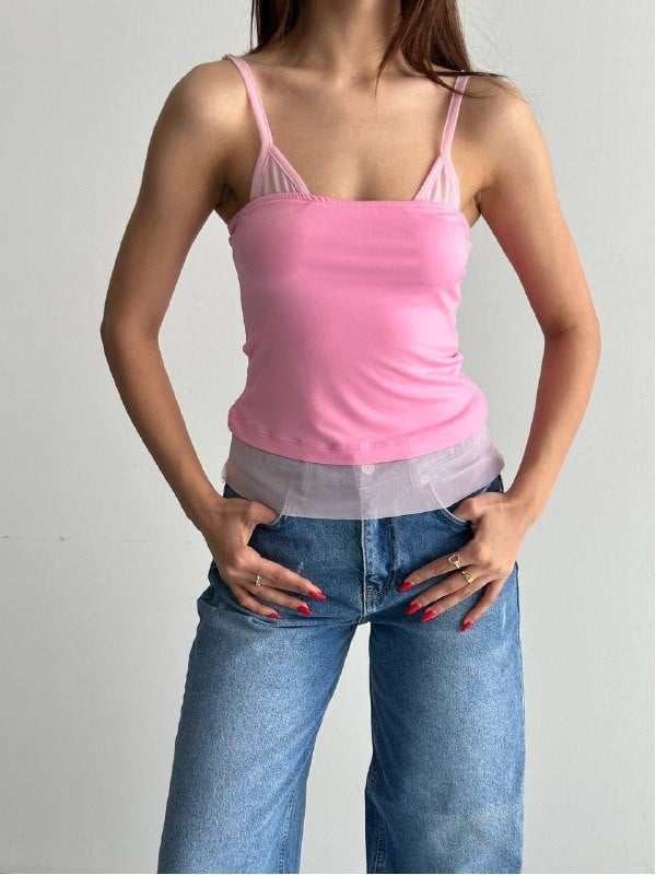 SENDY TÜL GARNİLİ ATLET BLUZ PEMBE