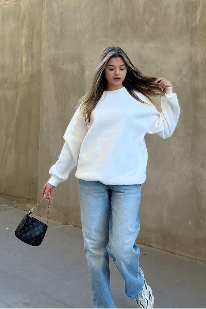 Basic Bisiklet Yaka Oversize Sweatshirt - Beyaz