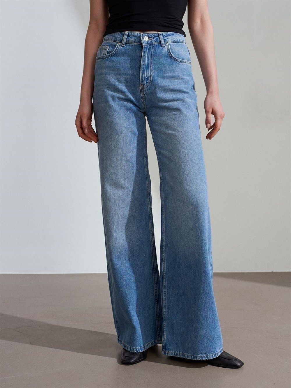 %100 Pamuk Dökümlü Wide Leg Jean-Mavi