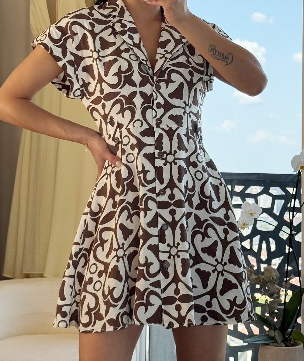Kahverengi Desenli Mini Elbise