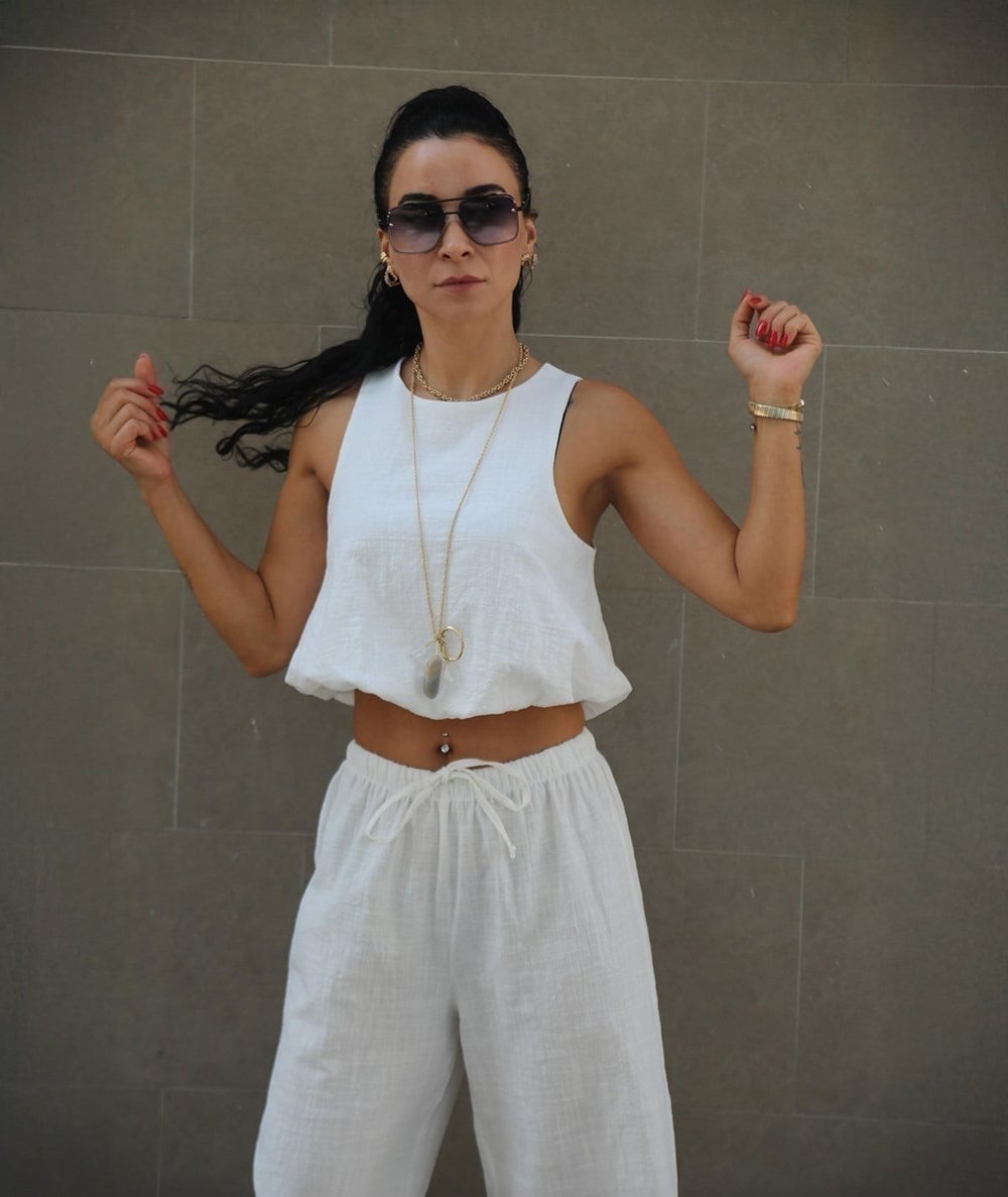 Keten Görünümlü Crop Pantolon Takım