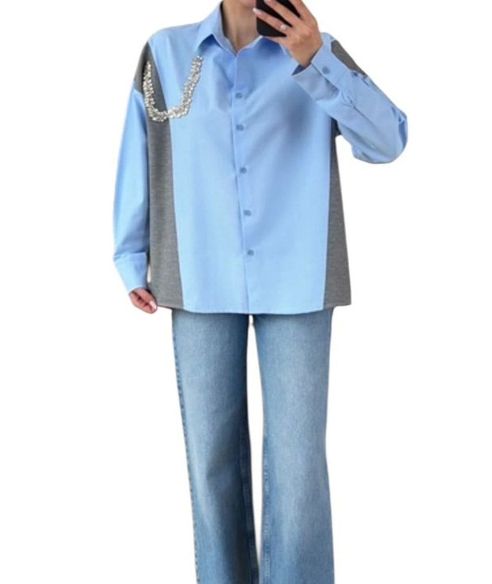 Ürün adı - Triko Garnili Taşlı Gömlek Mavi