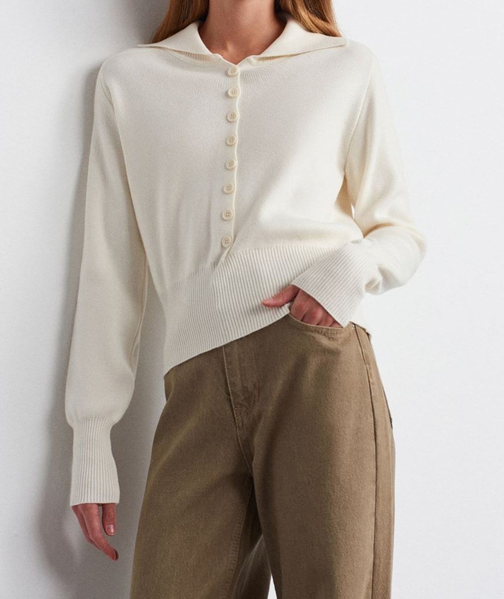 Yün Karışımlı Düğmeli Triko Kazak-Ekru