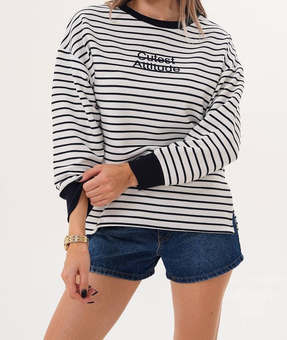 Yuvarlak Yaka Çizgili Sweatshirt