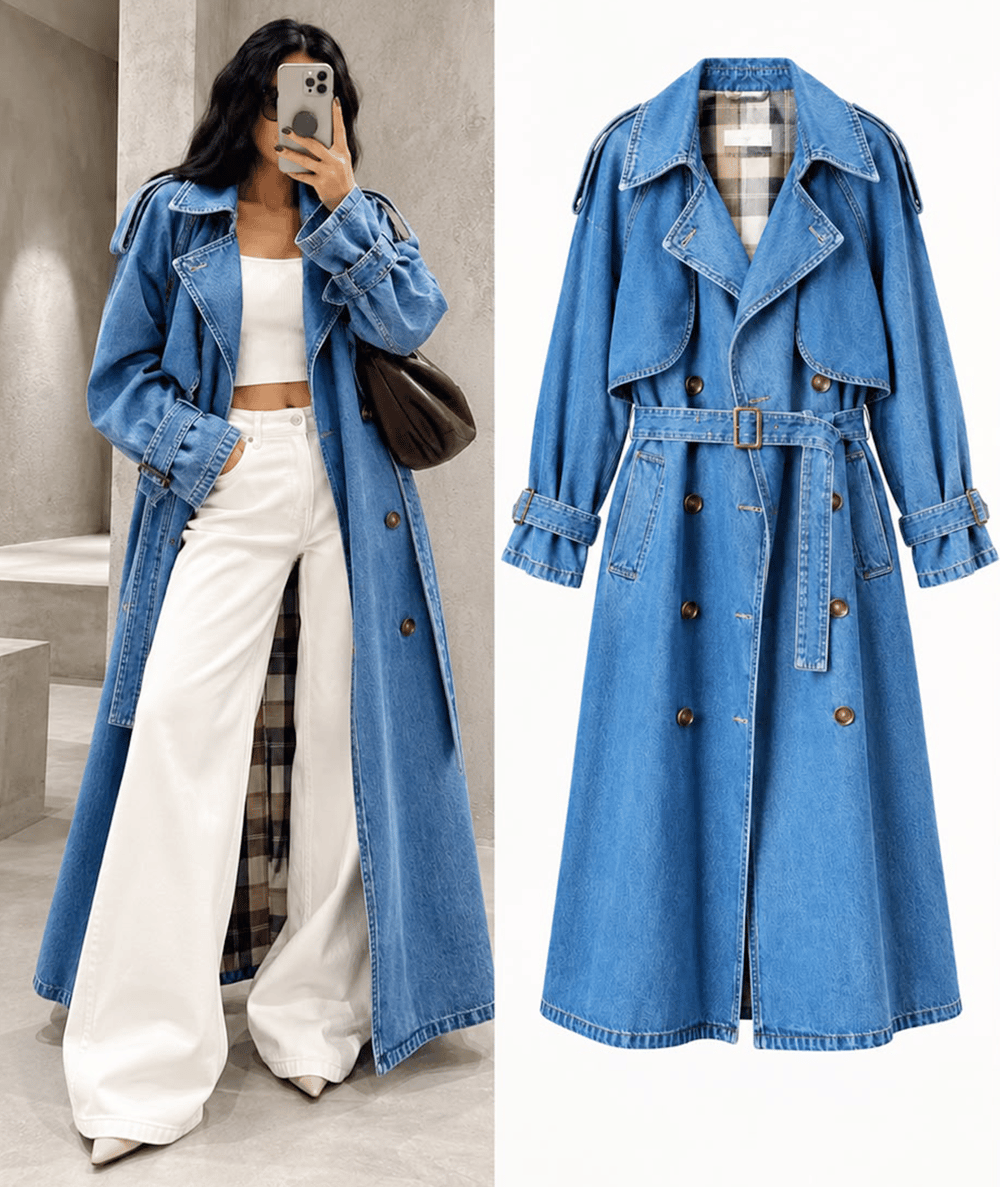 Premium Kuşaklı Denim Trençkot – Mavi