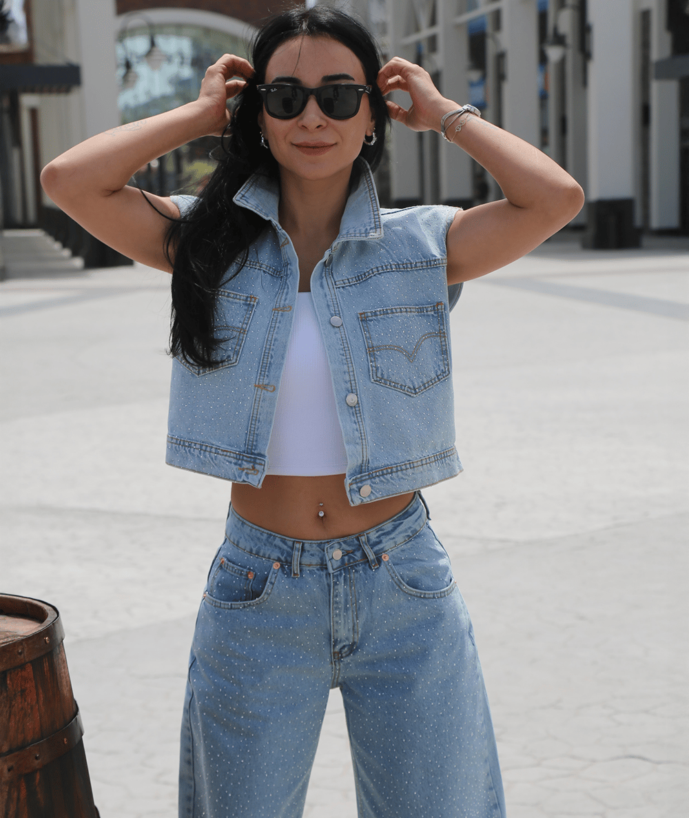 Taş Detaylı Denim Yelek & Pantolon Takım