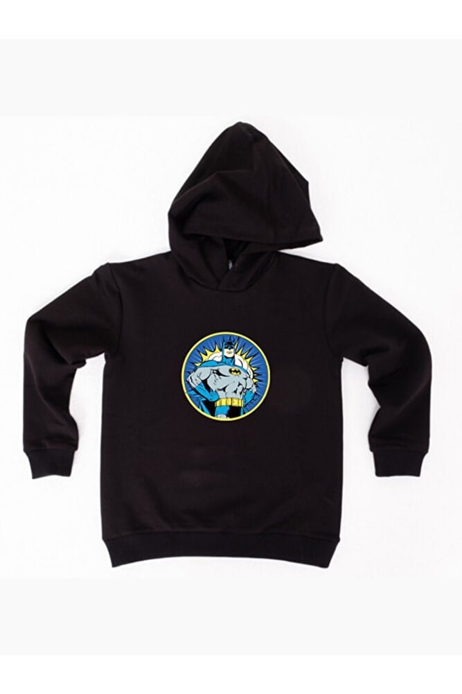 Batman baskılı kapüşonlu pamuklu kumaş çocuk sweatshirt