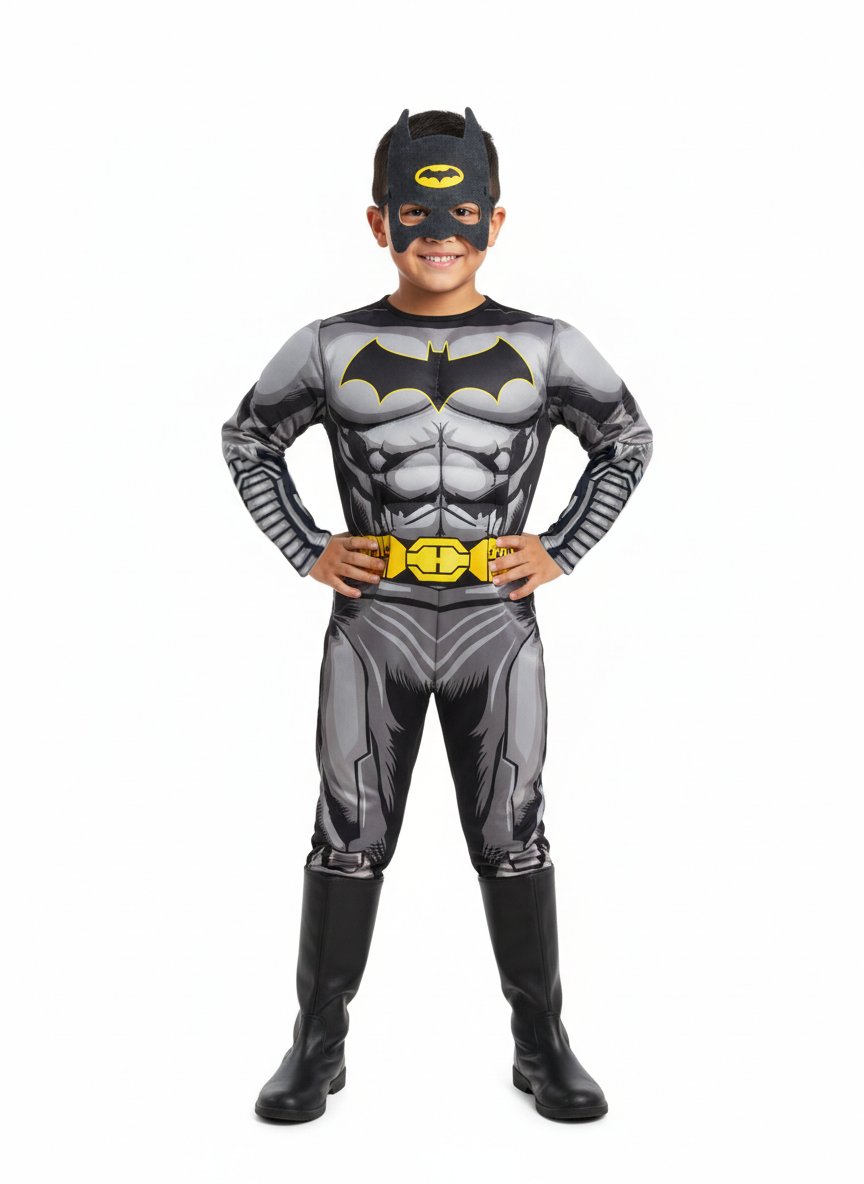 Batman Kaslı Çocuk Kostümü Yeni Sezon Siyah Pelerinli Maskeli Süper kahraman Kaslı Kostümü