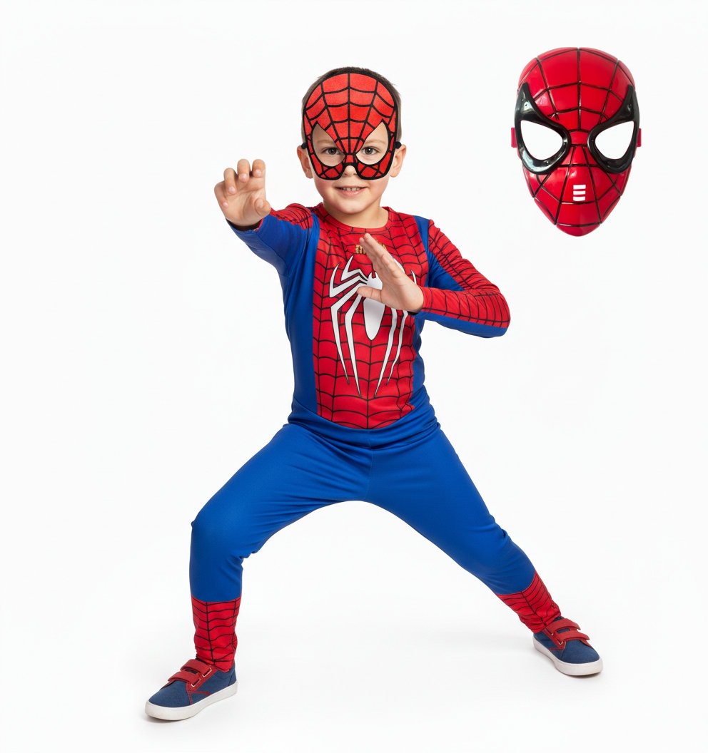 Beyaz Baskılı Örümcek Adam 2 Maskeli Kostüm