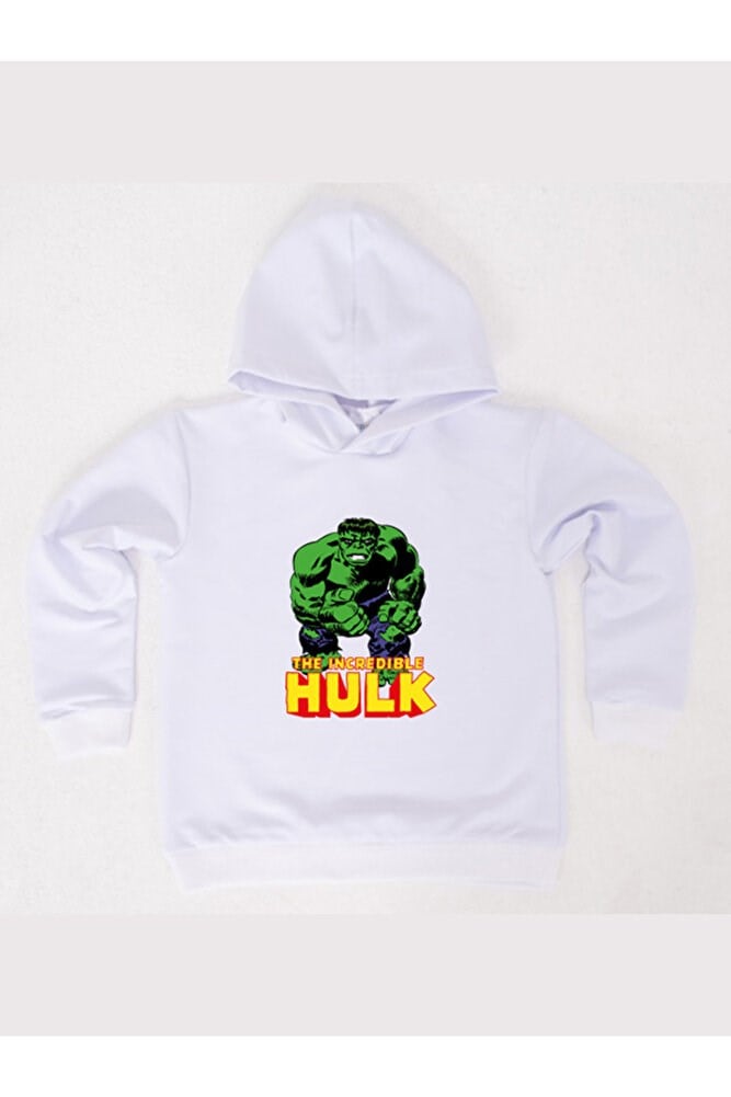 Hulk baskılı kapüşonlu pamuklu kumaş çocuk sweatshirt