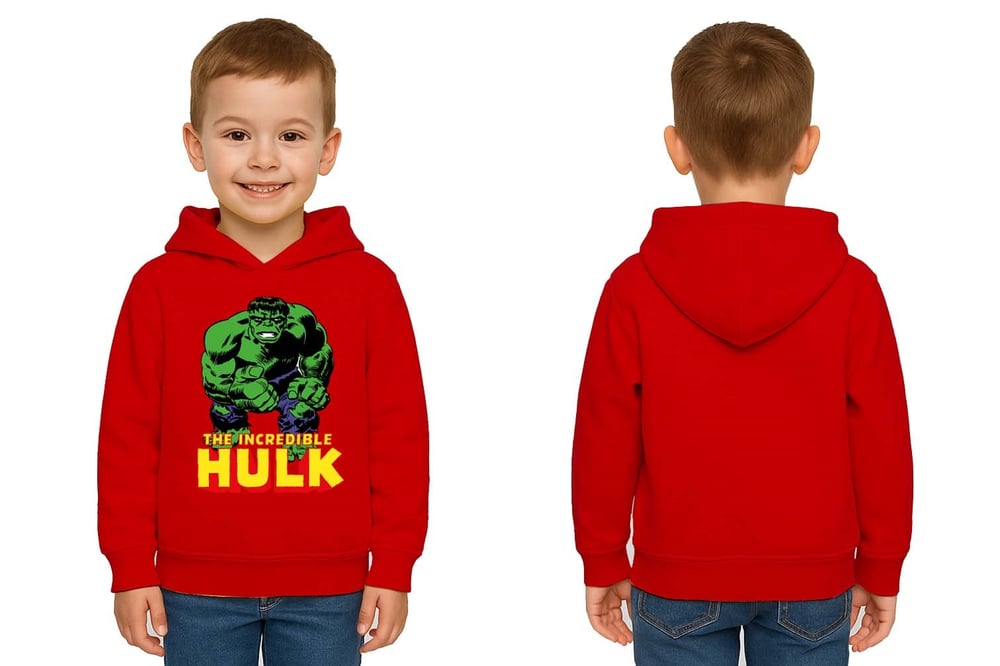 Hulk baskılı kapüşonlu pamuklu kumaş çocuk sweatshirt