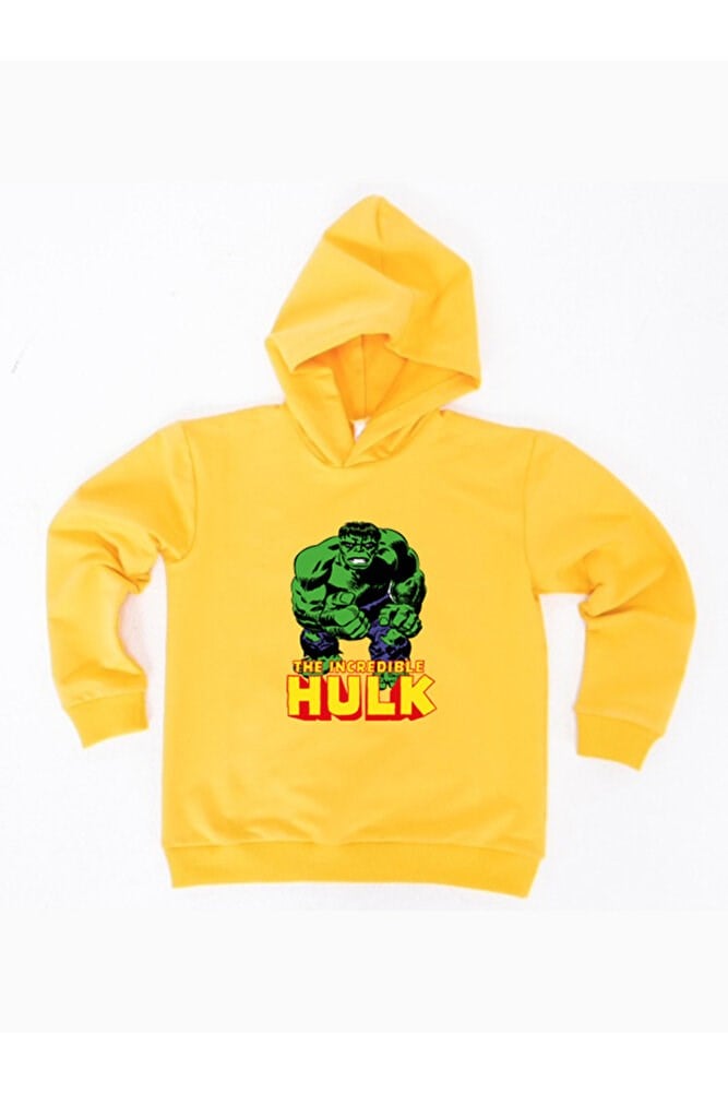 Hulk baskılı kapüşonlu pamuklu kumaş çocuk sweatshirt
