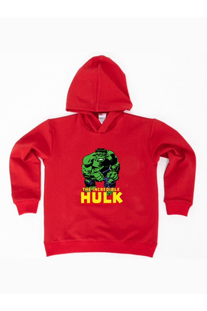 Hulk baskılı kapüşonlu pamuklu kumaş çocuk sweatshirt