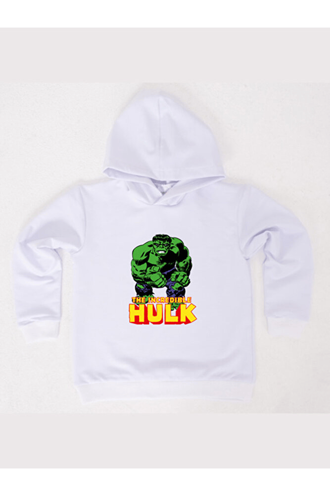 Hulk baskılı kapüşonlu pamuklu kumaş çocuk sweatshirt