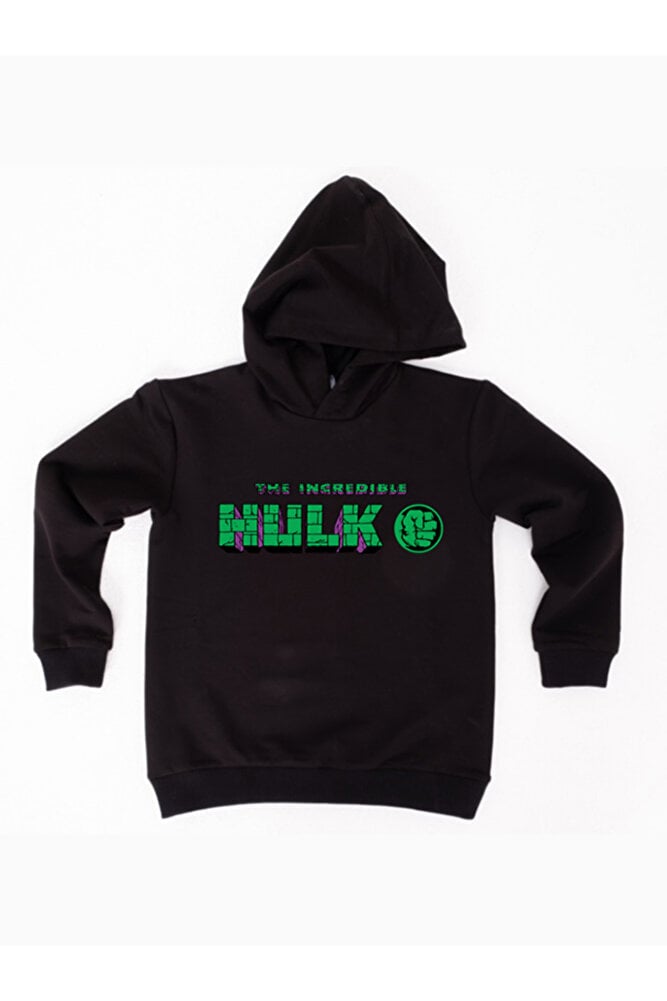 Hulk Baskılı Kapüşonlu Pamuklu Kumaş Çocuk Sweatshirt