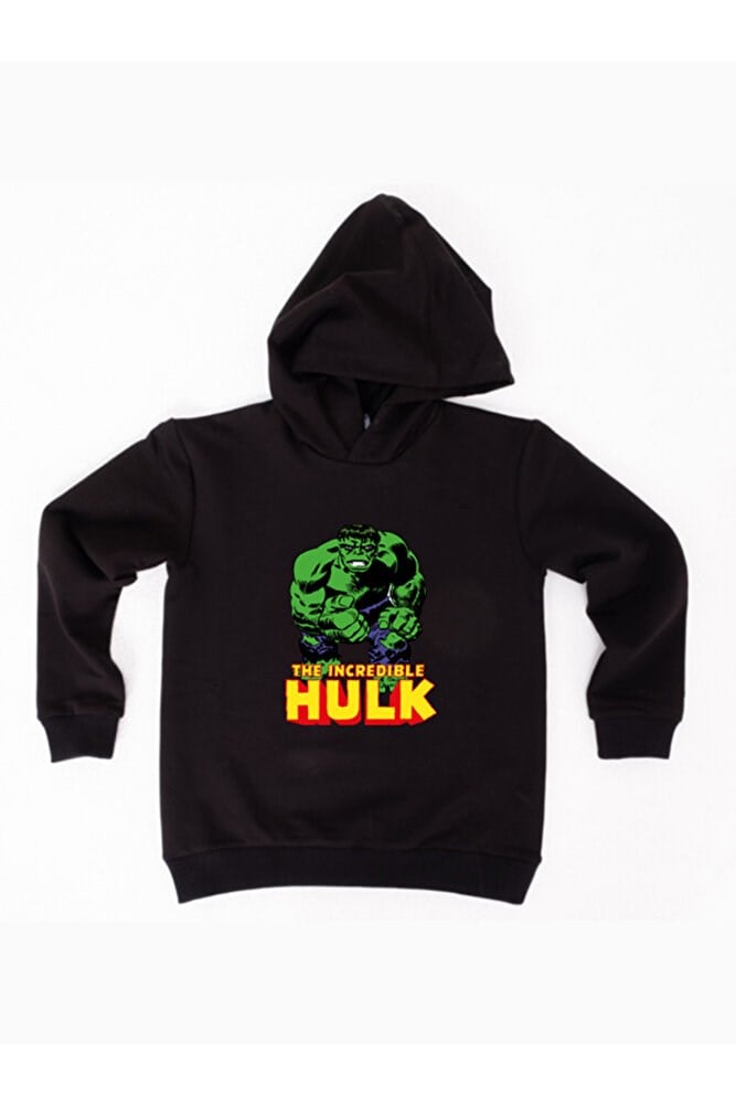 Hulk baskılı kapüşonlu pamuklu kumaş çocuk sweatshirt