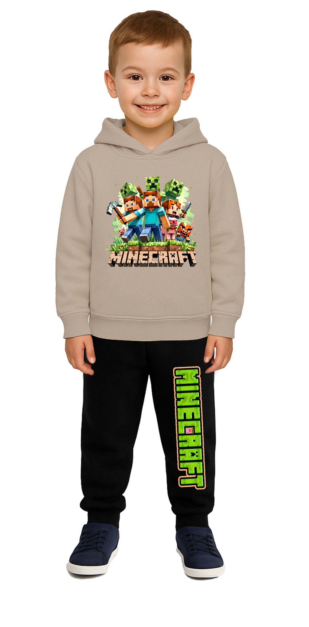 Mınecraft Baskılı Çocuk Eşofman Takımı 3 İplik Şardonlu Pamuklu Kumaş Kapüşonlu