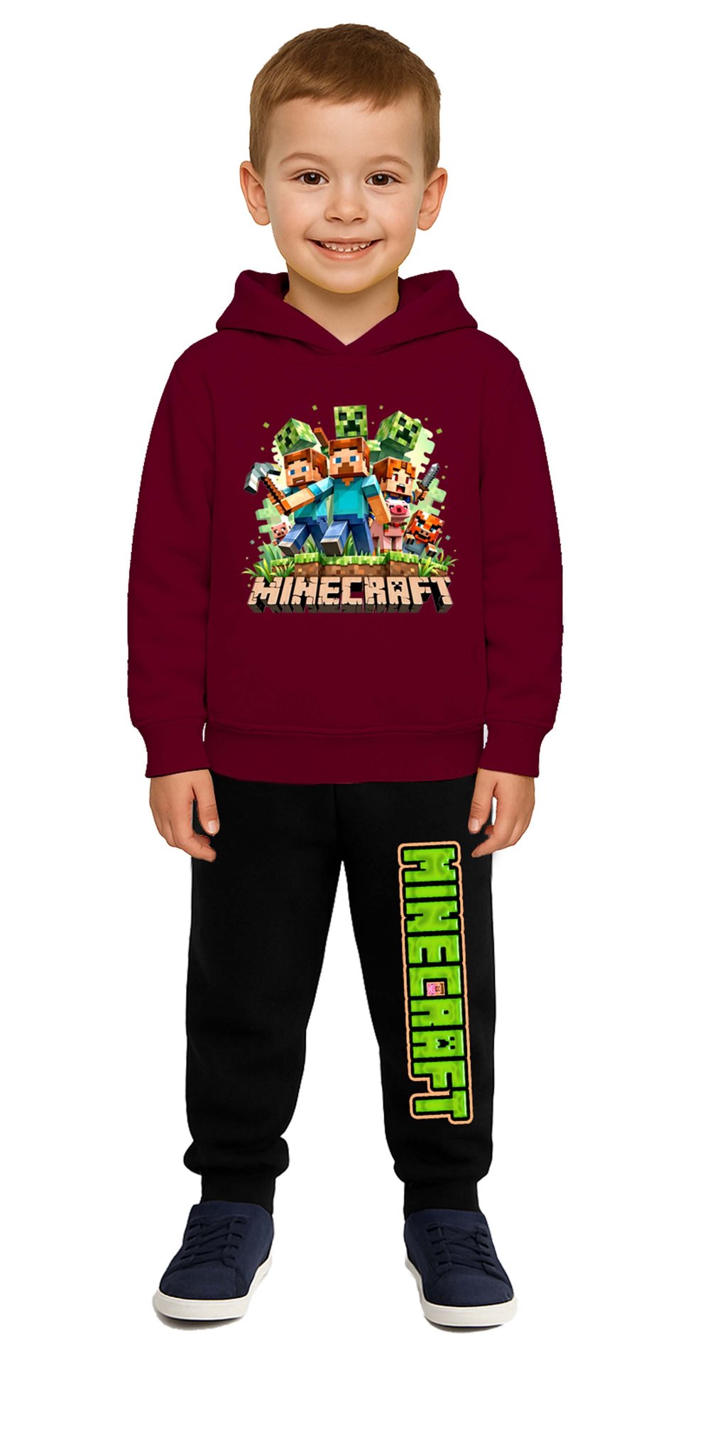 Mınecraft Baskılı Çocuk Eşofman Takımı 3 İplik Şardonlu Pamuklu Kumaş Kapüşonlu