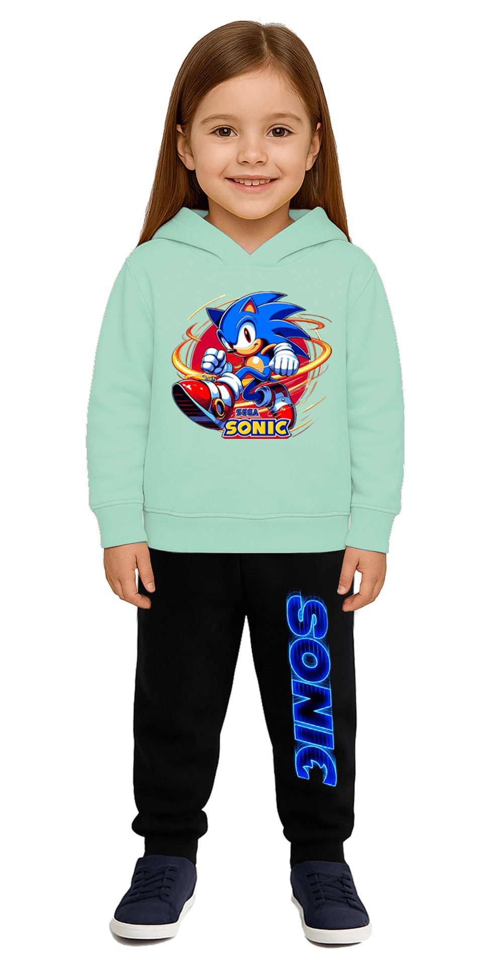 Sonic Baskılı Çocuk Eşofman Takımı 3 İplik Şardonlu Pamuklu Kumaş Kapüşonlu