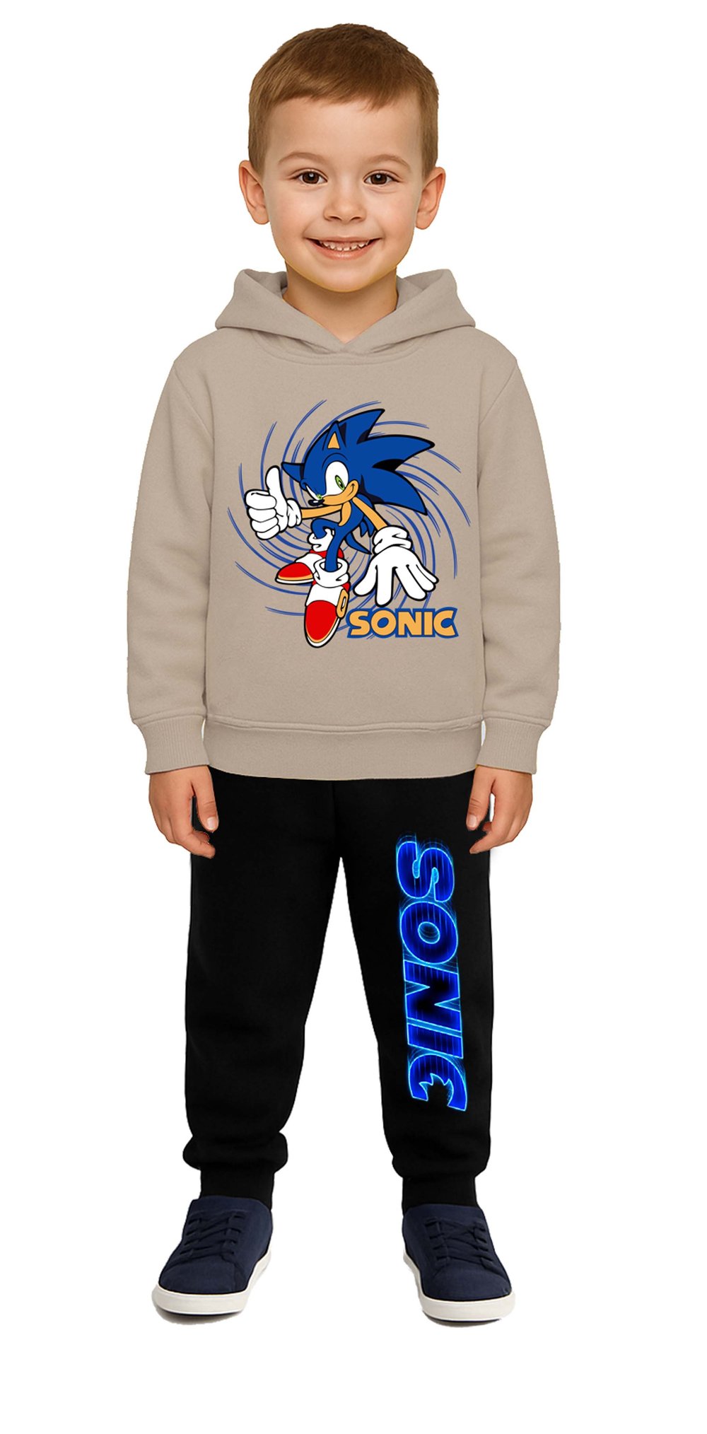 Sonic Baskılı Çocuk Eşofman Takımı 3 İplik Şardonlu Pamuklu Kumaş Kapüşonlu