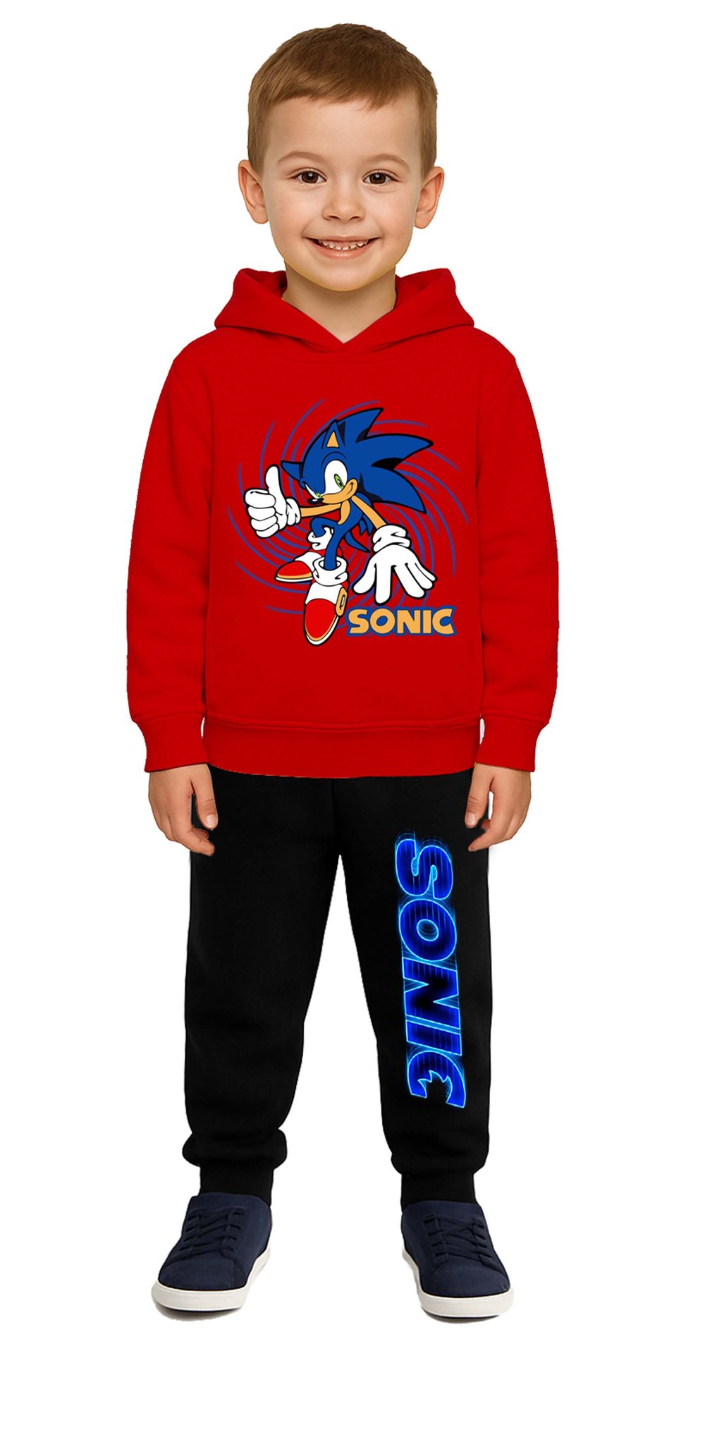 Sonic Baskılı Çocuk Eşofman Takımı 3 İplik Şardonlu Pamuklu Kumaş Kapüşonlu