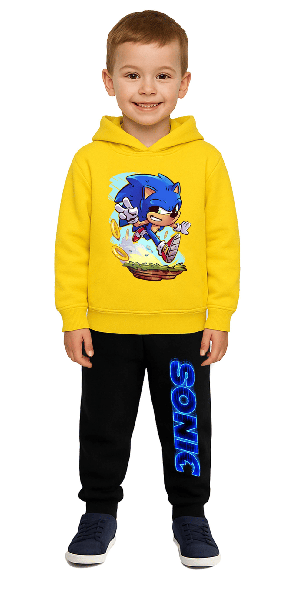 Sonic Baskılı Çocuk Eşofman Takımı 3 İplik Şardonlu Pamuklu Kumaş Kapüşonlu